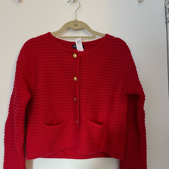 GAP Red and Gold Cardigan Sweater with Textured Knit - Picture 2 of 5